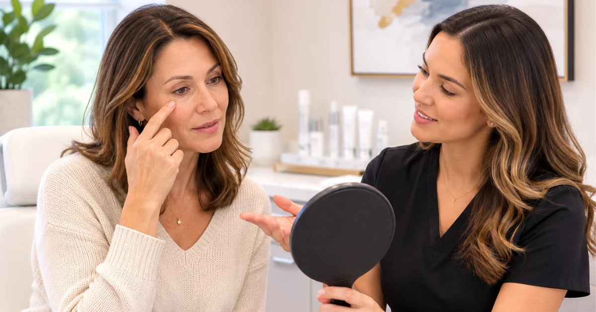 Patient discussing treatment options for tired-looking eyes with an aesthetic provider using a handheld mirror during a consultation.